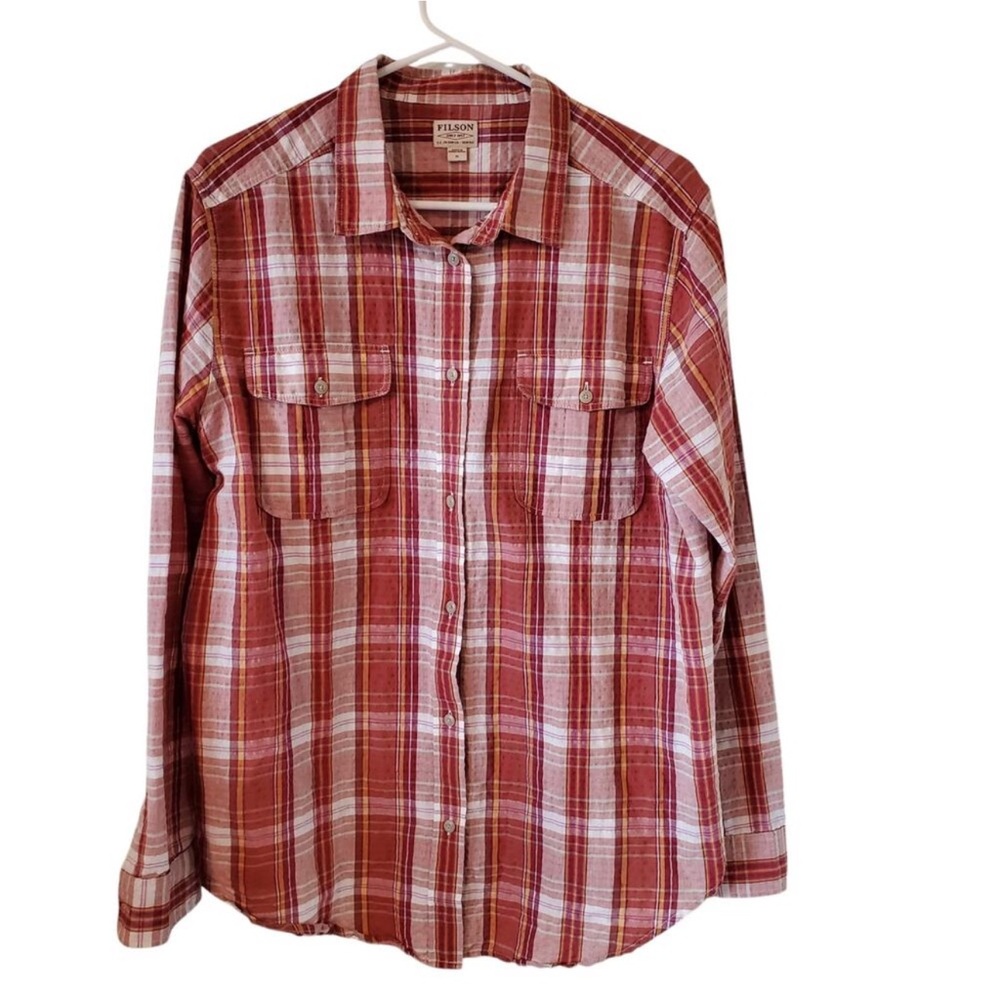 Filson Womens Linen Blend Button Front Plaid Long Sleeve Top Size XL Red